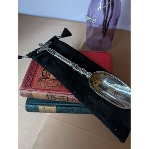 Vintage Silver Plated Spoon Cross Handle Sugar‎ Nut Scoop with Pouch Religious